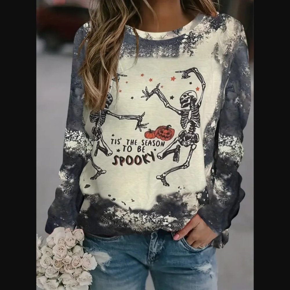 Dancing Skull Print Sweatshirt, Casual Crew Neck Long Sleeve